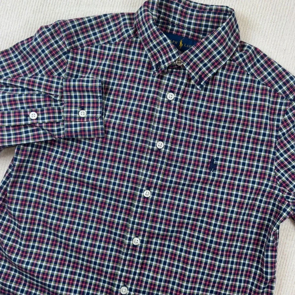 Ralph Lauren Button Down Shirt Boys M‎ 10-12 Navy Red Plaid Natural Stretch Logo